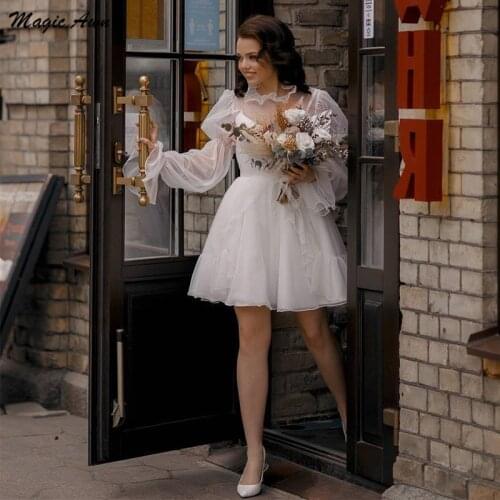 Magic Awn Chic Short Boho Wedding Dresses Long Puffy Sleeves Illusion Ruffles Chiffon Mini Beach Mariage Gowns Vestido Sukienka