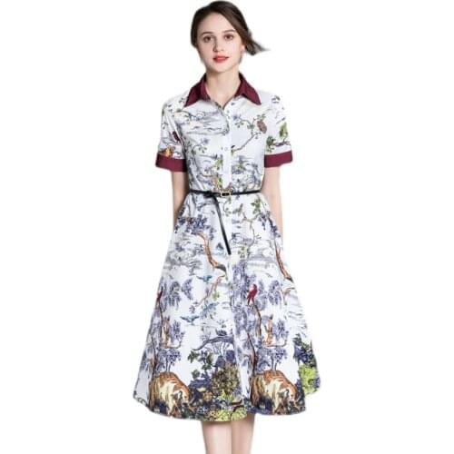 Menahem 2021 Summer Fashion Midi Dress Women Short Sleeve Flower Animal Jungle Print A-line Umbrella Sashes Vintage Shirt Dress