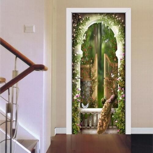 3D Door Sticker PVC Self-adhesive Wall Sticker Garden Stone Door Roman Column Peacock 3D Wallpaper Living Room Door Decor Decals