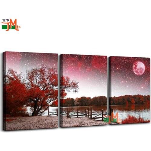 5D Full Square Drill Diamond Painting Cross Stitch Red Tree Moon Round 3Pcs Diamond Embroidery Landscape Mosaic Triptych Decor