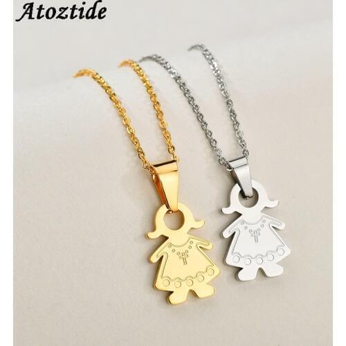 Atoztide Cute Cartoon Boy Girl Family Necklace & Pendant Stainless Steel Son Daughter Gold Lovely Necklace Gift For Kids