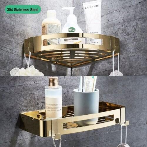 304 Stainless Steel Shower Storage Basket Two Layers, Non- Drilling or Wall-Mounted Rectangular Shelving, Bathroom Accessories