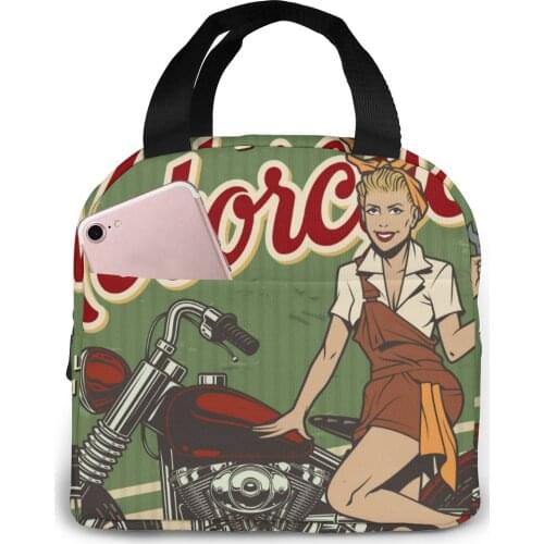 Insulated Lunch Bag Thermal Vintage Motorcycle Repair with Girl Tote Bags Cooler Picnic Food Lunch Box Bag