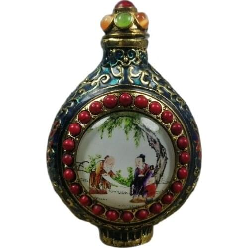 Chinese old Beijing old goods collection old Copper tire cloisonne inlaid turquoise snuff bottle