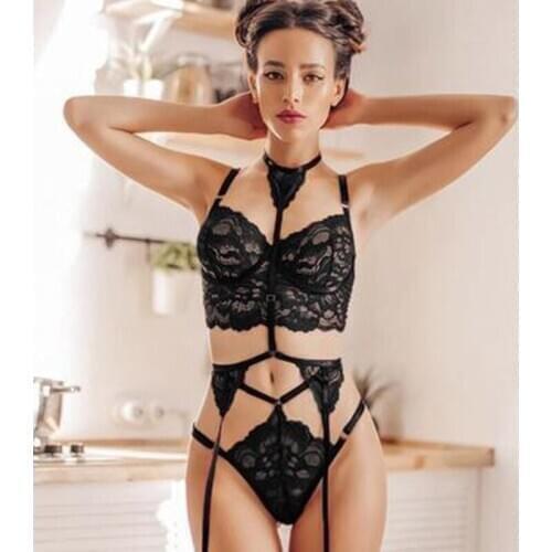 Women Sexy Lingerie 3 Pcs Set See -Through Lace Spaghetti Strap Vest + High-Waist T-Back Panty+Garter Belt with Choker Bodysuit