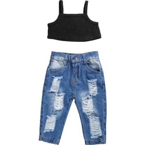 Citgeett Summer Fashion Kids Baby Girls Casual Sleeveless Solid Color Top and Ripped Jeans 2pc Set 1-5Y