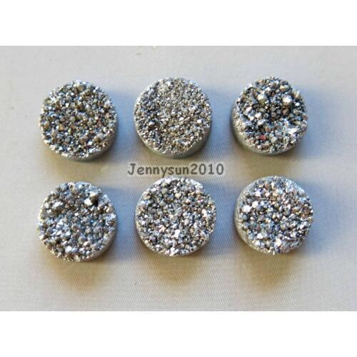 Metallic Silver (No Hole) Druzy Quartz Ag-ate Flat Back Connector Round Cabochon Beads Jewelry 10 Pcs /Pack