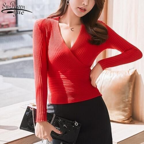 2021 Autumn and Winter New Clothes Women Cotton Solid Deep V Neck Womens Knitwear Korean Long Sleeve Slim Pullover Women 10452