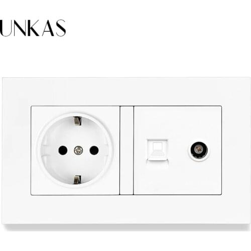 UNKAS PC Plastic Panel 16A EU Standard Socket + RJ45 Computer Connector Jack And TV Television Port 146MM*86MM 2 Gang Outlet