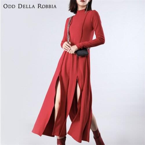 OddDellaRobbia Women New Fashion Spring Sexy Stitching Long-Sleeved Turtleneck Bodycon Dresses Split Hem Streetwear Skirt 1023