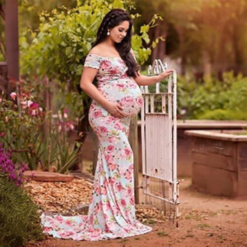 Large Pregnant Dresses For Photo Shoot Long Loose Short Sleeves V-Neck Floral Pattern 2021 Women Dresses Maternity clothes