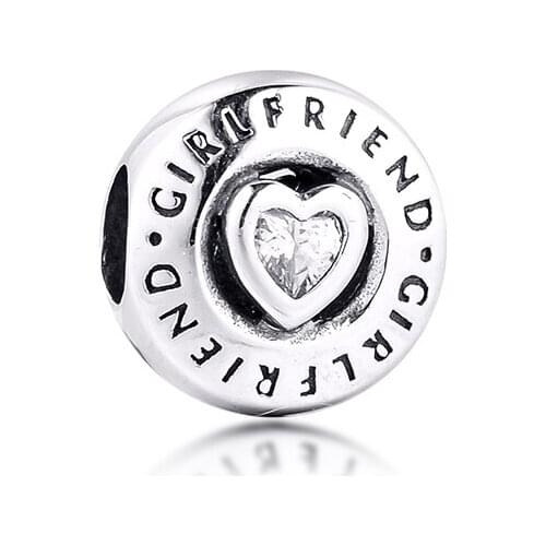 Fits For Pandora Bracelets Girlfriend Charms with Clear CZ 100% 925 Sterling-Silver-Jewelry Beads Free Shipping
