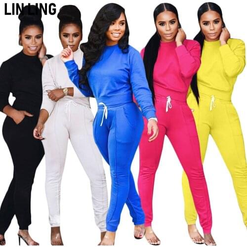 LINLING Casual Simple Running Sport Solid Long Sleeve Pullover + Drawstring Pants Suit