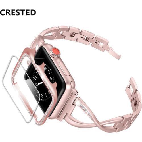 Diamond strap for apple watch band 5 4 3 38mm 44mm iwatch band 42mm 40mm watchband+Diamond case cover and Screen Protector