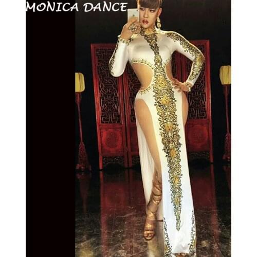 Sexy Stage Chinese Cheongsam White Printed Dress Women Dance wear Female Singer Costume One-piece Nightclub Oufit Party Dresses