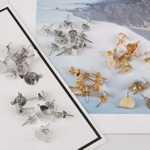 DIY Jewelry Earring 100sets gold silver plated Metal Stud Earring Blank Base with Stopper Fit 6 8 10mm Cabochon Setting Ear Post