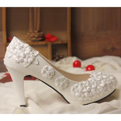 Handmade plus sizes lace wedding shoes women pearls sweet brides pumps shoes lady female lace bridesmaid party shoes