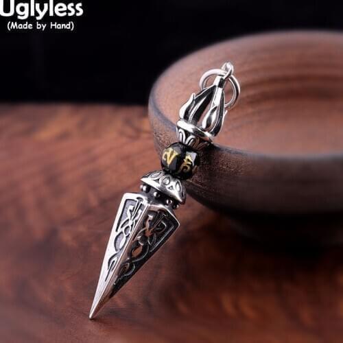 Uglyless Dharma Implements Vajra Pendants Necklaces for Men Real 925 Thai Silver Pendants NO Chains Gold Mantra Jewelry Agate