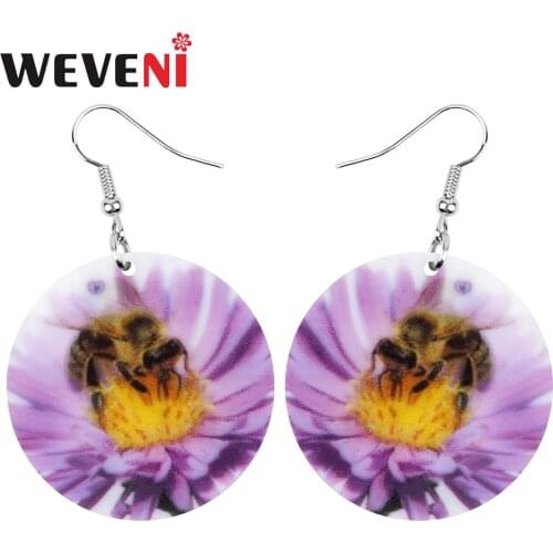 WEVENI Acrylic Round Purple Bee Earrings Flower Insect Animal Honeybee Big Dangle Drop Jewelry For Women Girls Kids Novelty Gift