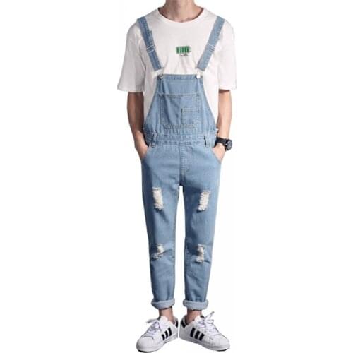 Japanese spring and autumn mens overalls trendy fashion Korean foot suspenders Slim one-piece denim trousers