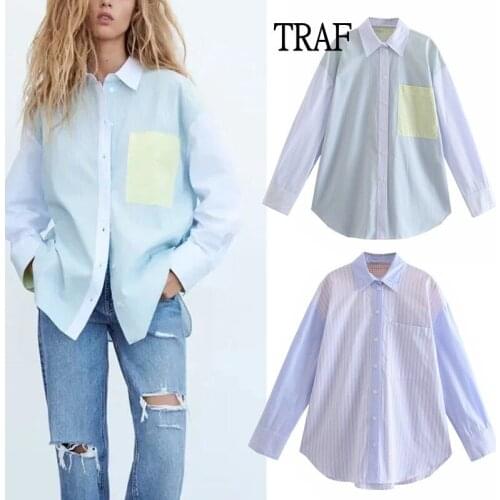 TRAF Za Top Women Shirts 2021 Spring Autumn Stripes Women Oversize Shirt Loose Woman Clothing Long Sleeve Button Female Shirt