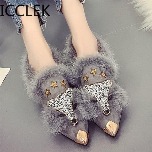 Crystal Flats Women Fox Faux Fur Espadrilles Beading Mules Ladies Warm Winter Pointed Toe Shoes Plush Loafers