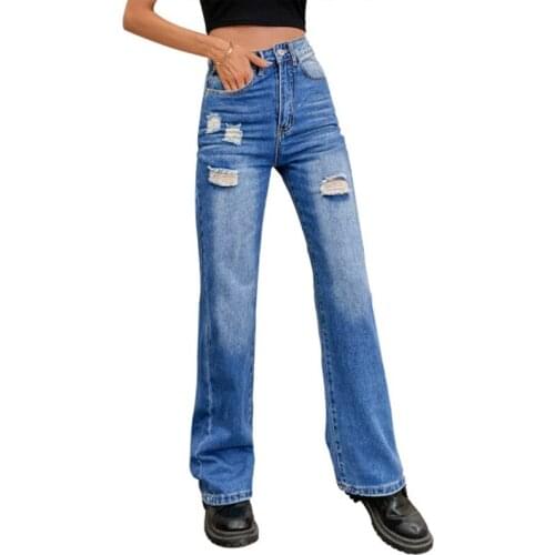 Womens Summer High-rise Ripped Jeans 2021 New Classic Frayed Retro Style Fashion Loose Mopping Pants Brand Womens Trousers