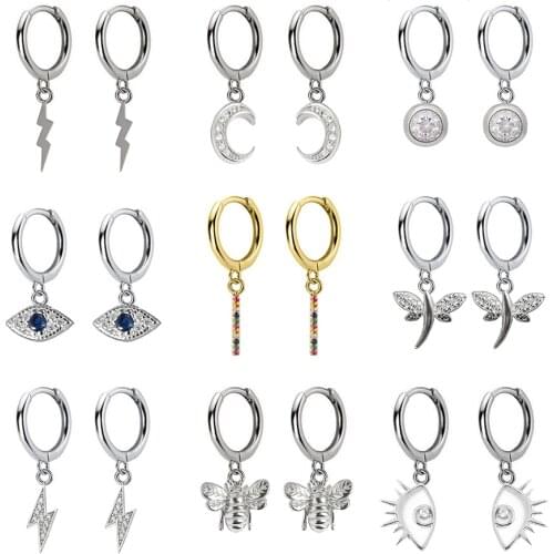 2019 New Small 925 Sterling Silver Hanging Stud Earrings For Women Lightning Moon Eye Animal Charm Small Studs Earring DA491