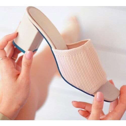 Woman Slippers 2021 Sandals Nude Knit Detailed 7 cm Heeled Slippers Fashion Summer Fashion Stiletto Trico Slippers