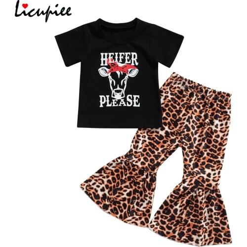 1-5 Years Girls Clothes Set, Bull Head Print Short Sleeve O-neck T-shirt + Leopard Print Flared Trousers