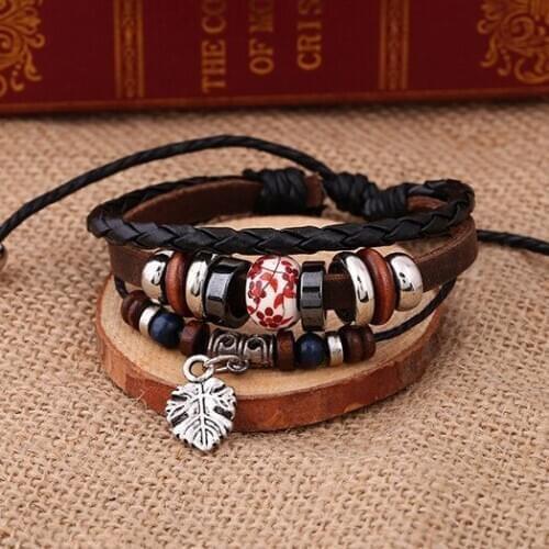 Vintage Retro Leaf Charm Fashion Women Bracelet Multilayer Weave Leather Beads Bangle Adjustable Wristbands Casual Punk Jewelry