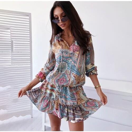 Sexy Mini Boho Dress Spring Autumn New Fashion Casual V-neck Floral Print Long Sleeve Elegant Beach Dresses For Women Robe Femme