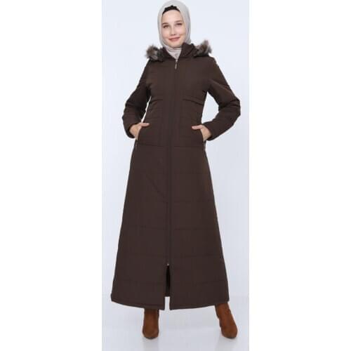 Winter Quilted Topcoat with Removoble Hood, Zipper Thick Fiber and Lined Long Size from Turkey Coat for Cold