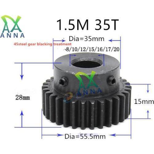 1.5M 35T gear thickness 15mm 1.5mod gear rack 35tooth Tooth quenching Spur Gear pinion bore 8-20mm spur gear 45 steel cnc pinion