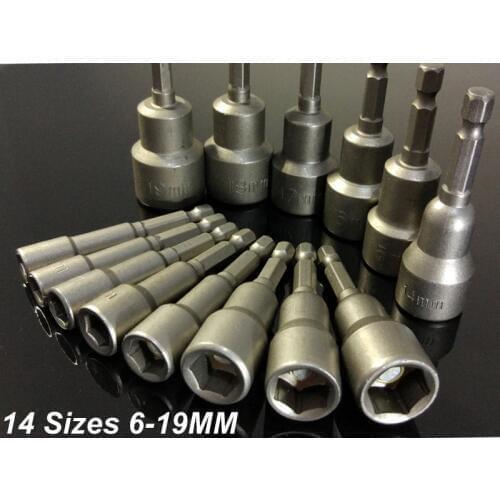1Pc 14Sizes 6-19MM Magnetic Hex Sleeve/Socket Nozzles Nut Driver Set Hexagon Screwdriver Adaptor 1/4" Hex Shank Power Hand Tools