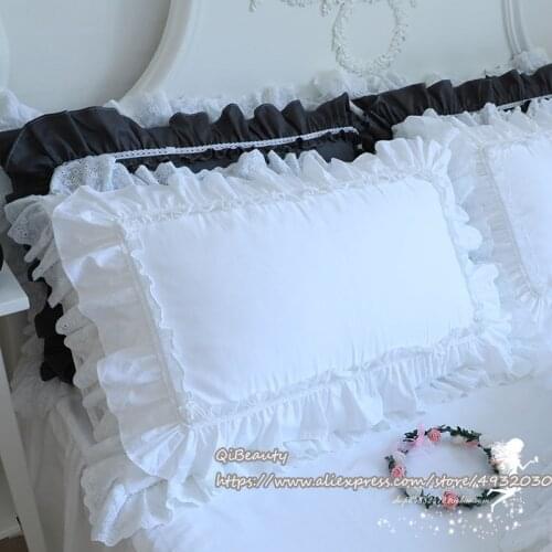 2 pcs/lot Princess Pure White Double Layer Lace Flounced Cotton Wedding Pure Cotton Bedding Pillowcase pillow cover
