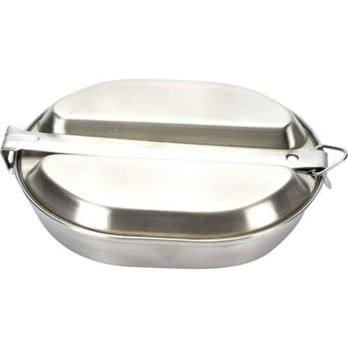 Outdoor Camping Lunch Box with Long Handle Stainless Steel 2 in 1 Oval Single Layer Food Container Frying Pan for Travel Hiking