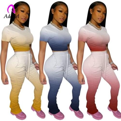 2020 Womens Two Piece Set Plus Size Stacked Trousers Leggings Pants Tracksuit Crop Top Ruched Leggings Pant Outfits Sweat Suits
