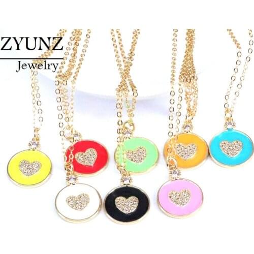 5PCS, Gold color delicate pave cz heart enamel round coin pendant necklace women gift Romantic jewelry