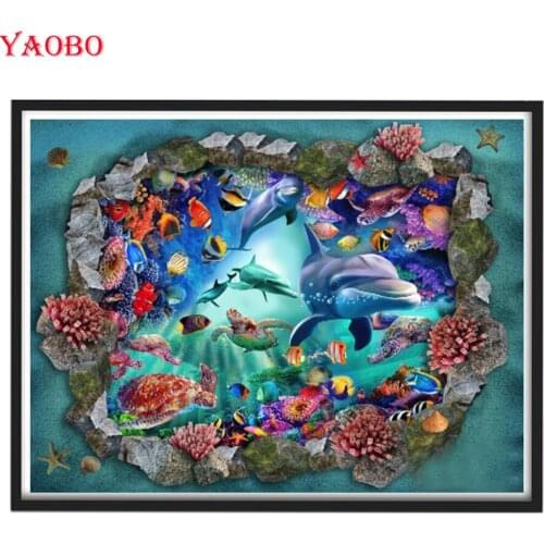 Full Square Drill Diamond Painting Rhinestone Kit 5D Diamond Embroidery Dolphin Underwater Animals Cross Stitch Home Decoration