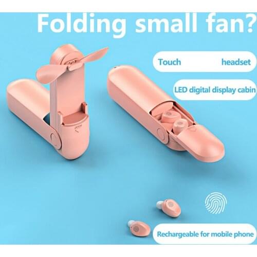 Soleeanre Wireless earphones Bluetooth-compatible Earphone Headset Fashionable handheld fan LED Power charging with flashlight