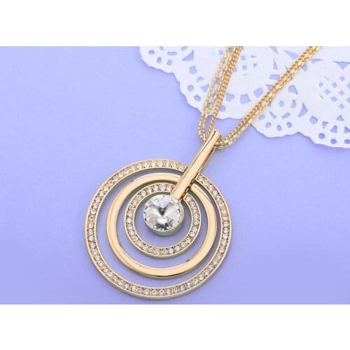 Crystal Circle Pendant Necklace For Women Rose Gold Color Multi-layer Chains Elegant Long Necklace Kolye Fashion Jewelry