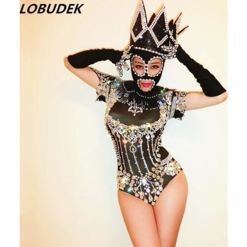 Black Sparkly Rhinestones Pearls Bodysuit Nightclub Leading Dancer Costume Bar Female Dance Team Jazz Performance Stage Outfits