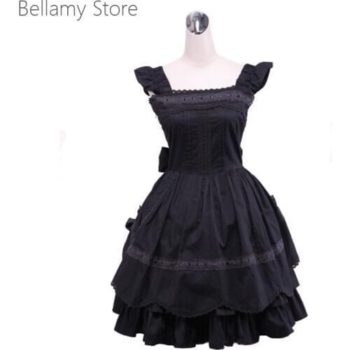Ruffles Black Cotton Square Neck Gothic Lolita Dress