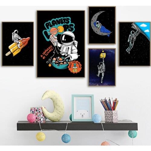 Cartoon Space Theme Nursery Astronaut Rocket Posters And Prints Wall Art Painting Picture For Children Bedroom Boys Room Decor
