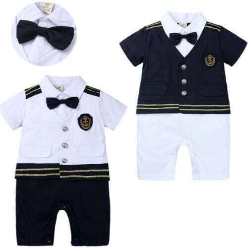 Children Boys Girls Summer Clothes Kids'Climbing Clothes Boys Jumpsuit Navy Short-sleeved Hat-shirt Newborn Infant Baby Romper