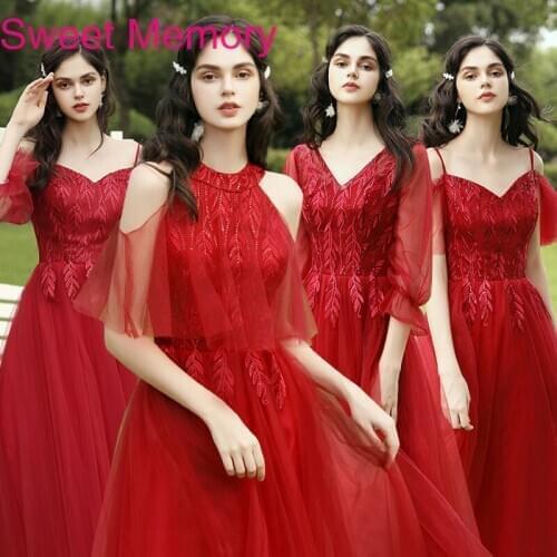 May Sweet Memory Half Sleeves Long Wine Red Bridesmaid Dresses Floor Length Tulle Prom Appliques Vestidos Bridesmaid Dress Gown