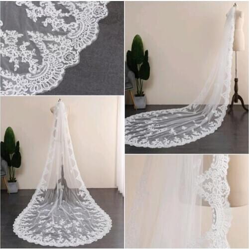 Embroidered Flower Veil Ivory,Floral Cathedral Veil with Lace,Tulle Wedding Veil,Soft Wedding Veil,1 Tier Lace Around Veil