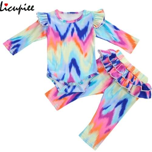 Newborn Long Sleeve Romper+ Trousers, Tie-dye Pattern Lotus Leaf Decoration Gradient Color Home Pajamas 0-18 Months