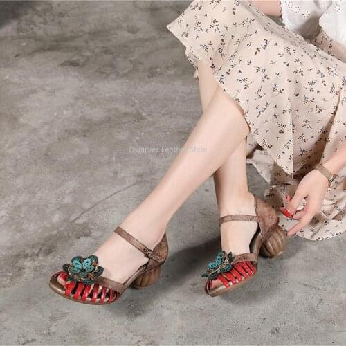National Style Leather Pumps Women High Heels Open-Toe Sandals